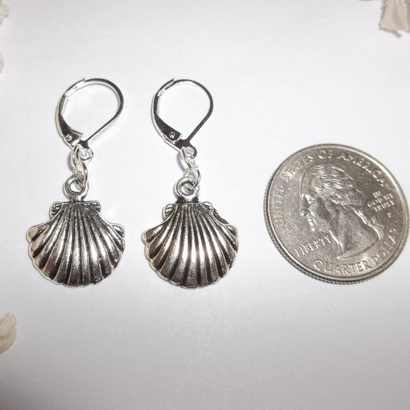 Silver Seashell Earrings Beach Vacation Theme Lever Back Dangle Minimalist 7065 - Picture 2 of 9